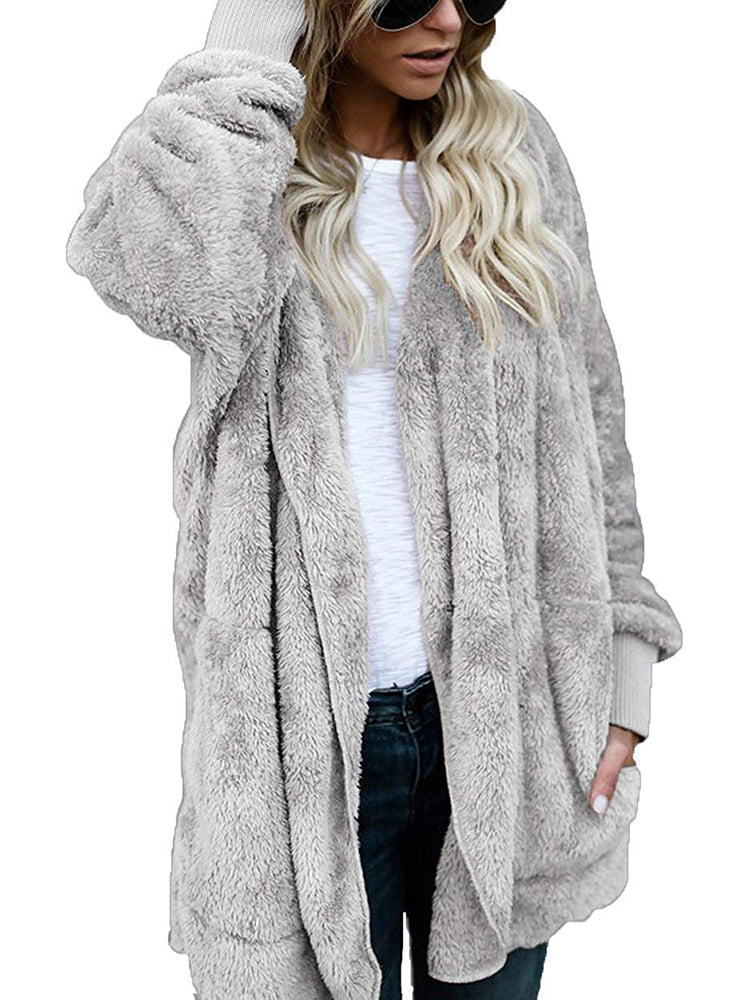 Hooded Cardigan Fluffy Fleece Coat Open Front Jacket