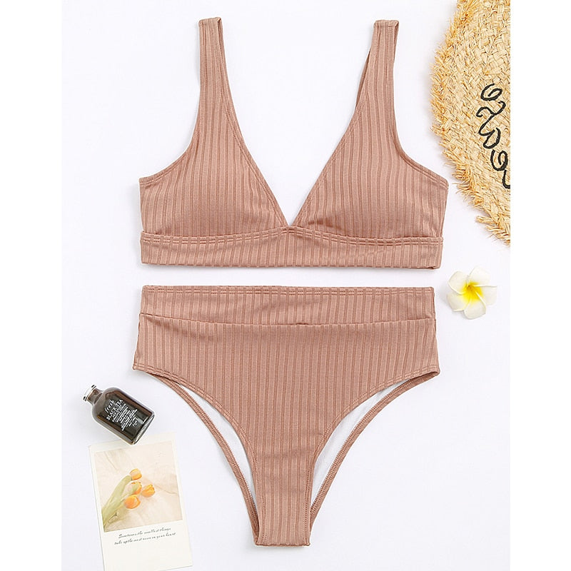 Sunset and Swim Modest Solid High Waist Ribbed Bikini