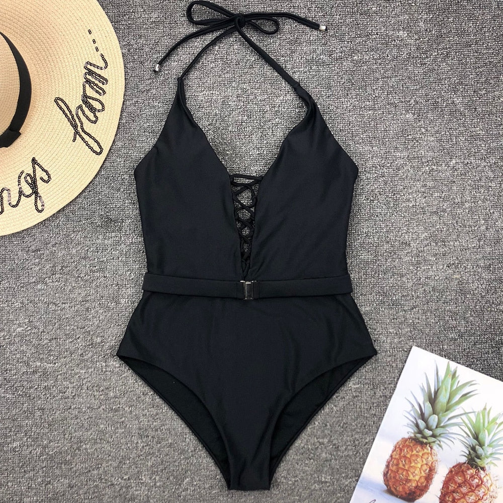 Sunset and Swim Deep-V Swimwear Buckle Waist One Piece Swimsuit