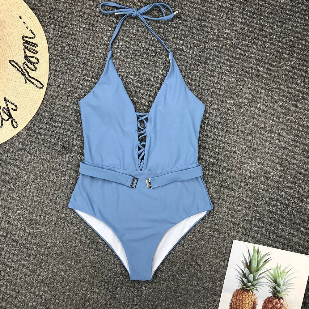 Sunset and Swim Deep-V Swimwear Buckle Waist One Piece Swimsuit