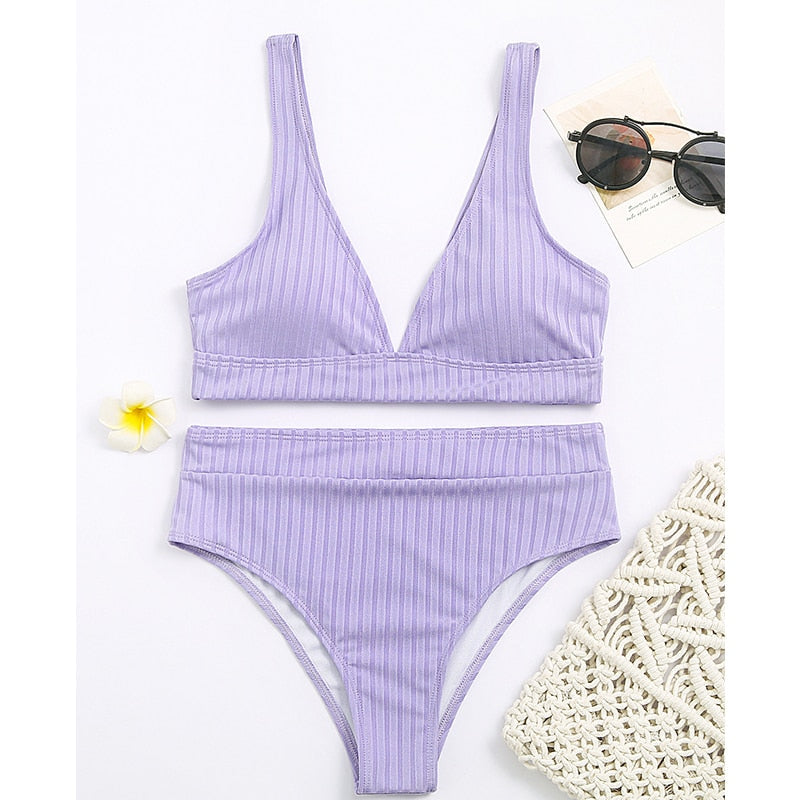 Sunset and Swim Modest Solid High Waist Ribbed Bikini