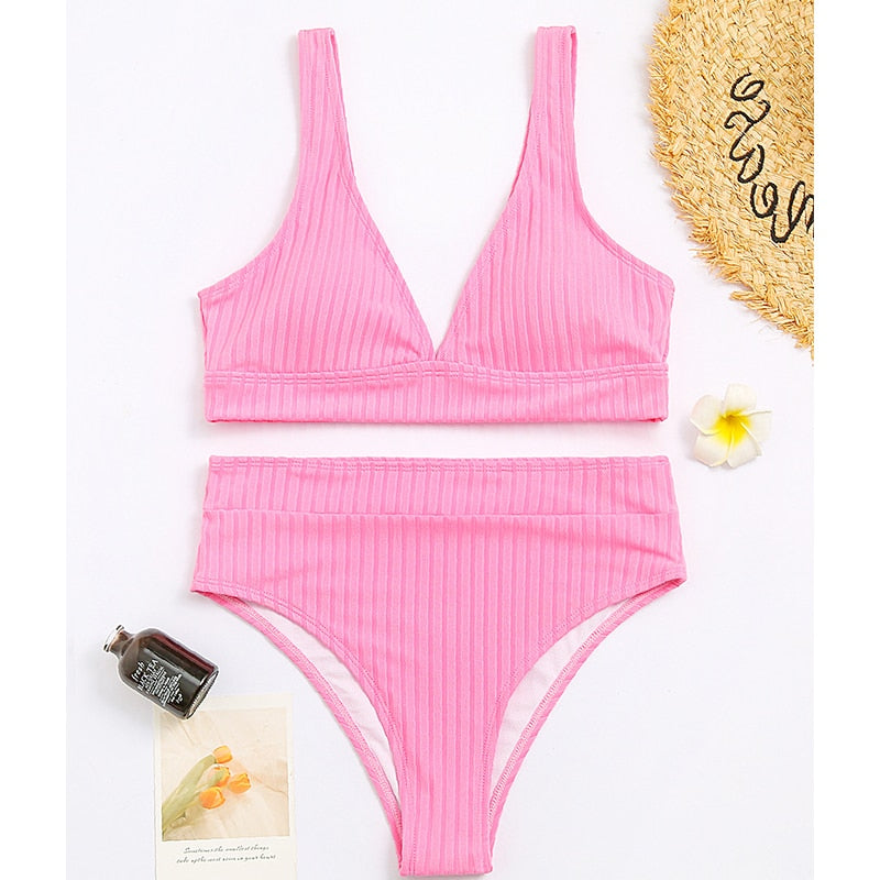 Sunset and Swim Modest Solid High Waist Ribbed Bikini