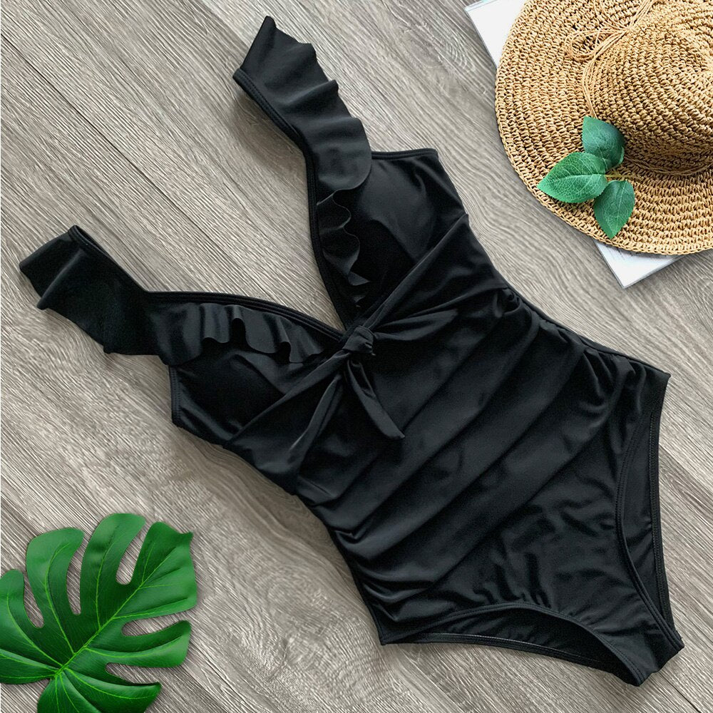 Flirty Elegance Ruffle Ruched Waist One Piece Swimsuit