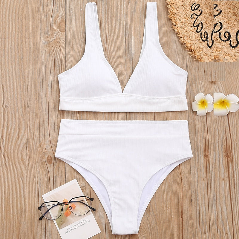 Sunset and Swim Modest Solid High Waist Ribbed Bikini