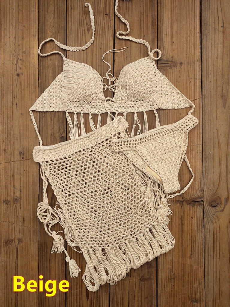 Bohemian Breeze 3-Piece Crochet Bikini Set with Tassel Skirt