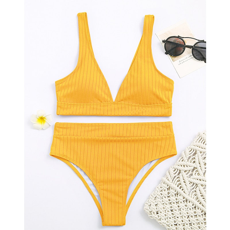 Sunset and Swim Modest Solid High Waist Ribbed Bikini