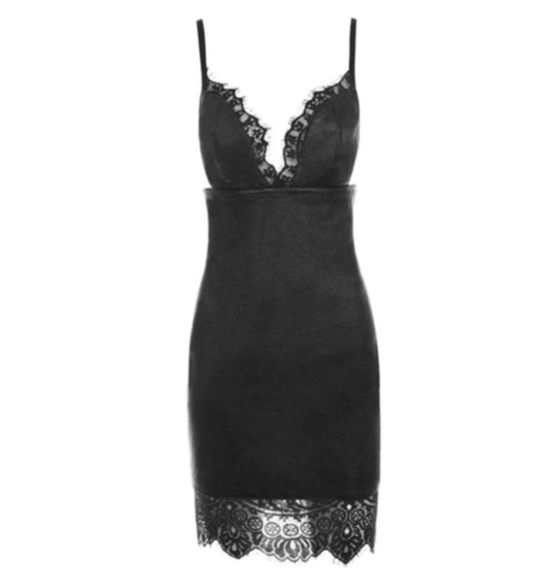 Daniella Sexy Black Lace Bandage Bodycon Faux Leather Mini Dress