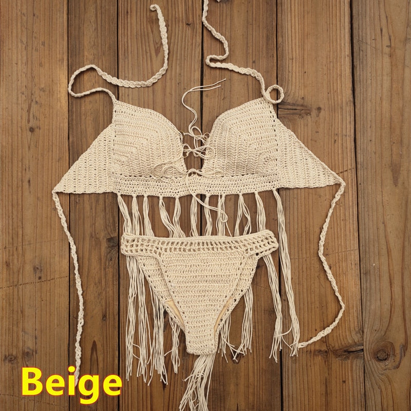 Bohemian Breeze 3-Piece Crochet Bikini Set with Tassel Skirt