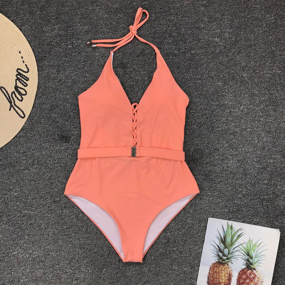 Sunset and Swim Deep-V Swimwear Buckle Waist One Piece Swimsuit