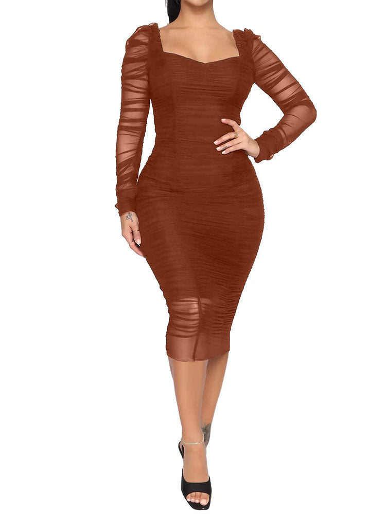 Mesh Sleeves Ruched Bodycon Midi Dresses