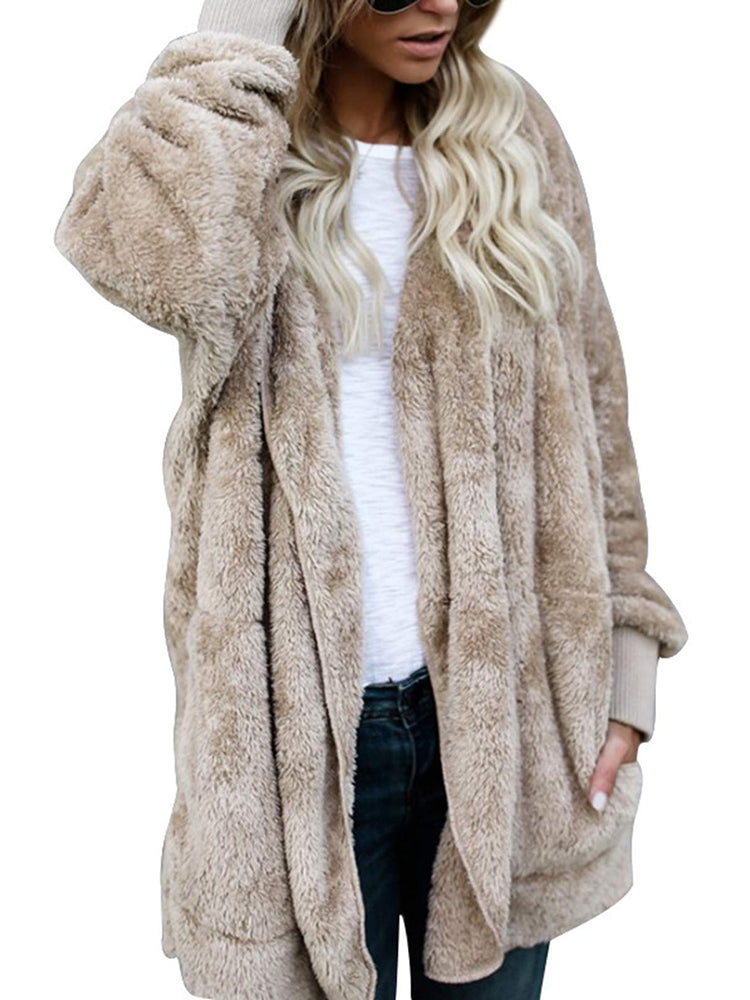 Hooded Cardigan Fluffy Fleece Coat Open Front Jacket