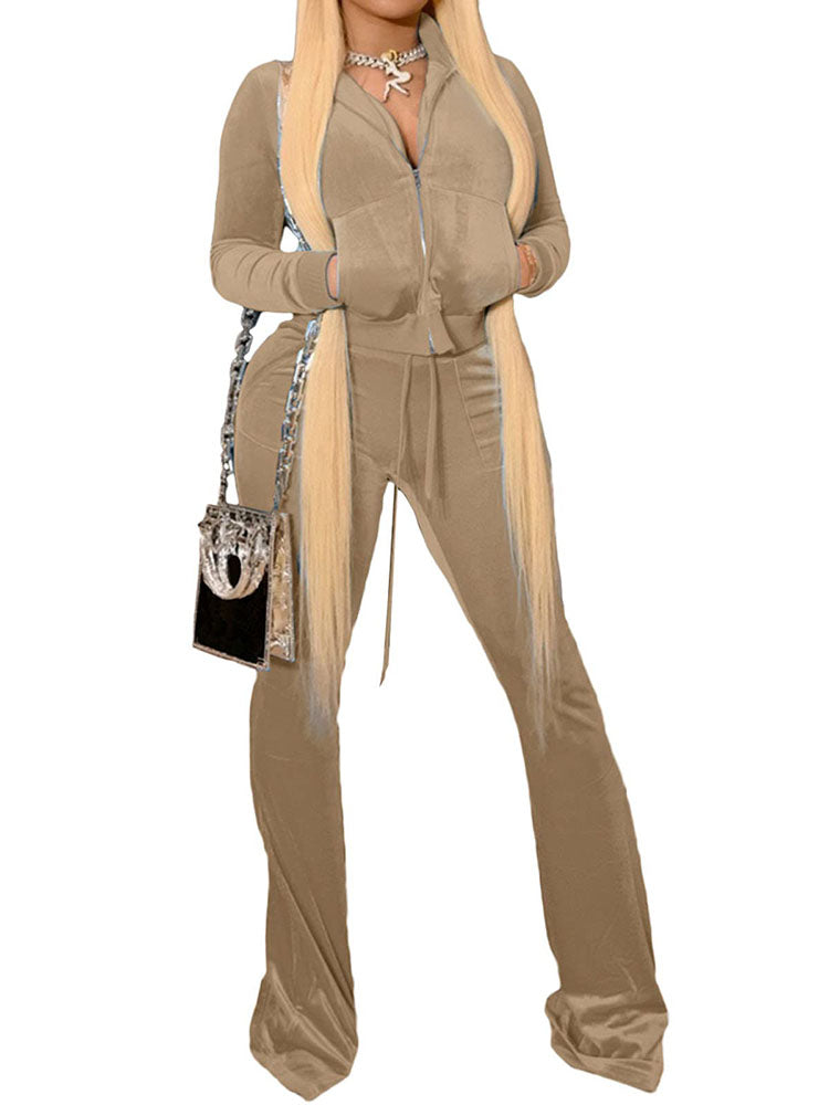 Two Pieces Long Sleeve Zipper Sweatshirt & Flares Long Pants