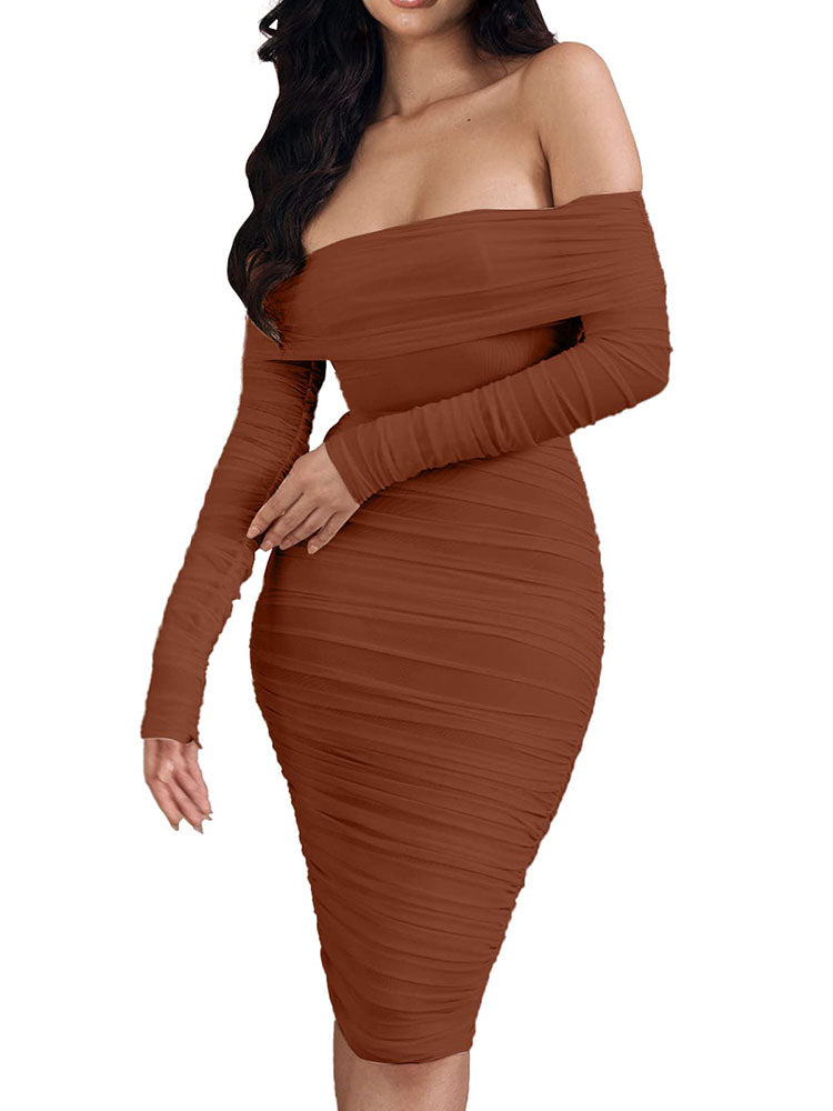 Off Shoulder Long Sleeves Midi Dresses