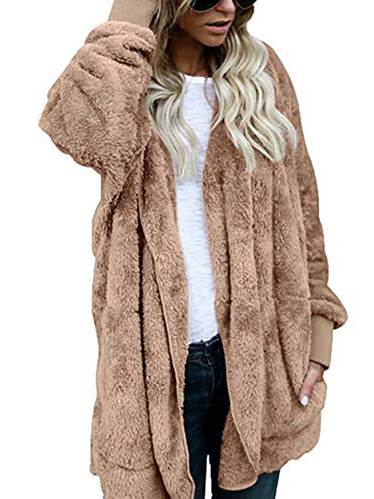 Hooded Cardigan Fluffy Fleece Coat Open Front Jacket