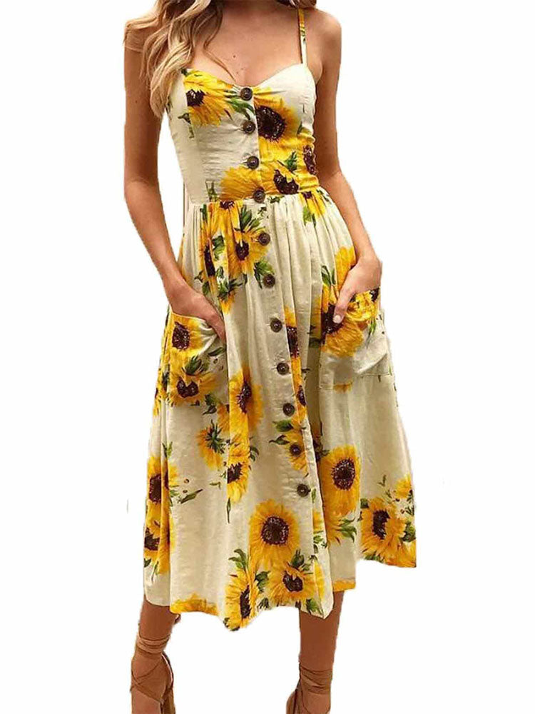 Spaghetti Strap Sleeveless Bohemian Midi Dresses