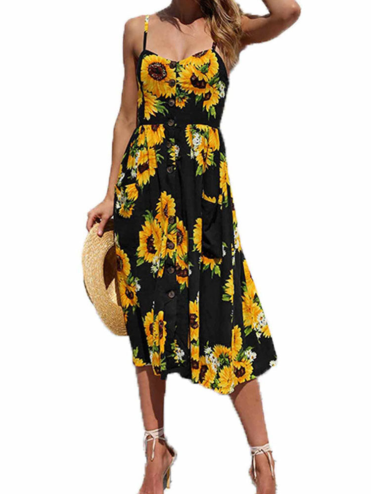 Spaghetti Strap Sleeveless Bohemian Midi Dresses