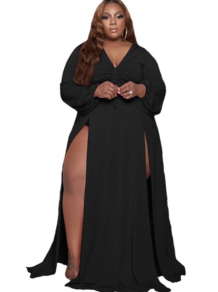 Plus Size Long Sleeve Drawstring Split Maxi Dresses