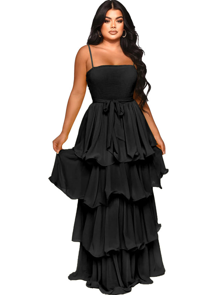 Chiffon Spaghetti Strap Ruffle Maxi Dress