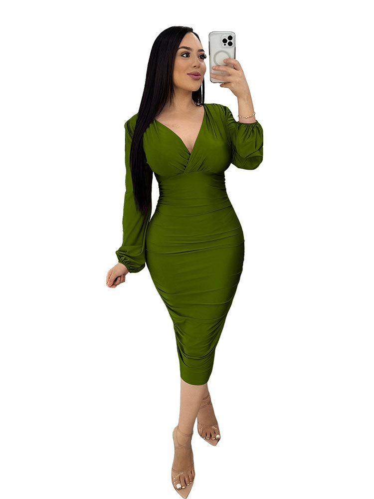 Deep V Neck Long Sleeve Bodycon Ruched Midi Dresses