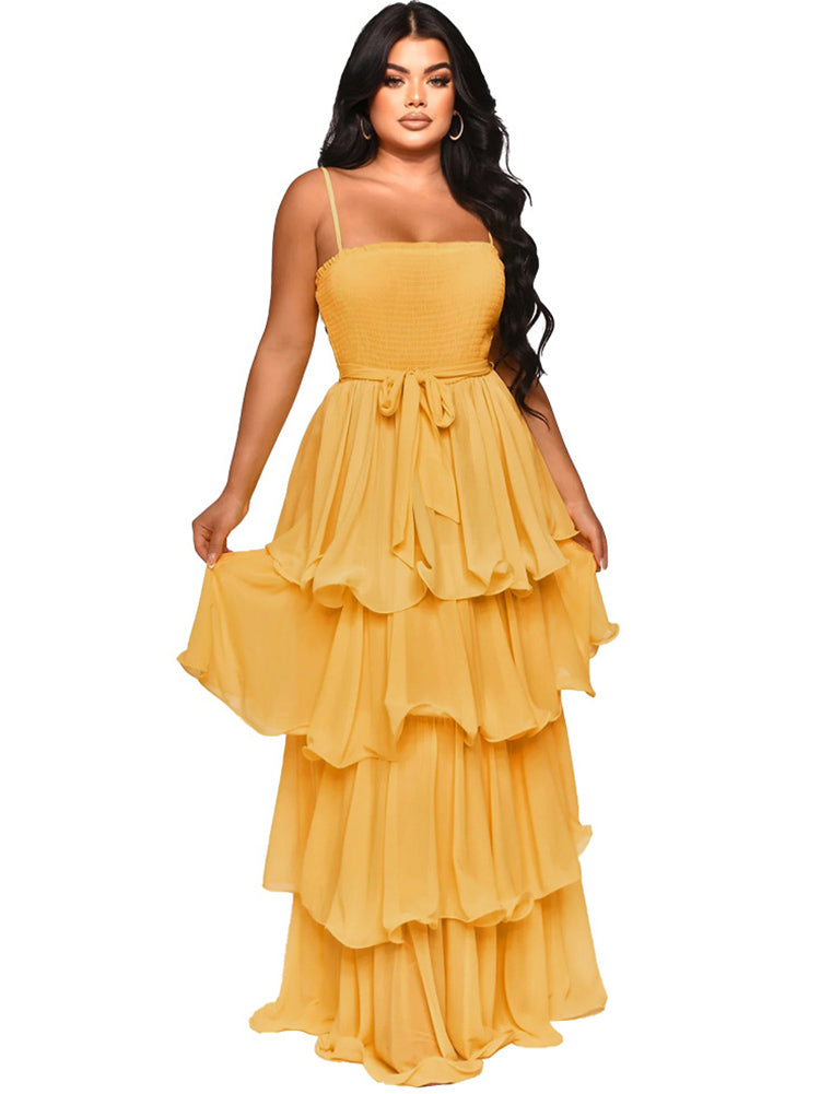 Chiffon Spaghetti Strap Ruffle Maxi Dress