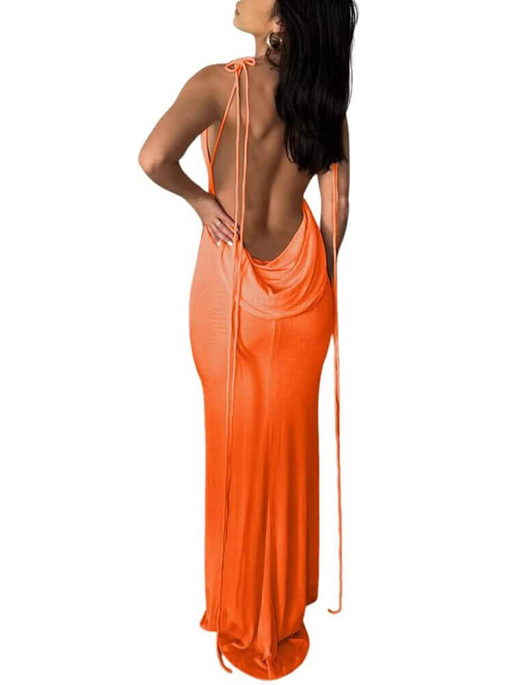 Spaghetti Straps Crew Neck Backless Maxi Dresses