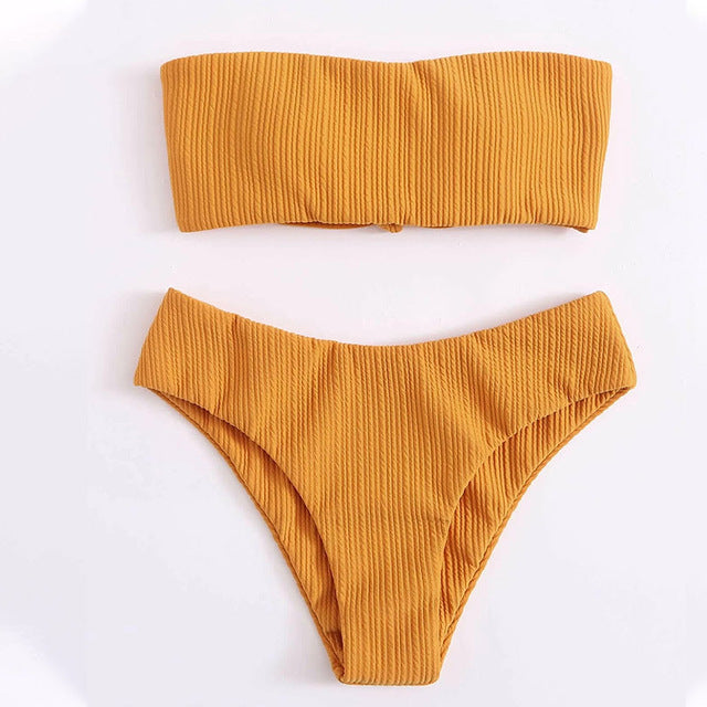 Sunset and Swim Ribbed Tie Back Bandeau Brazilian Bikini