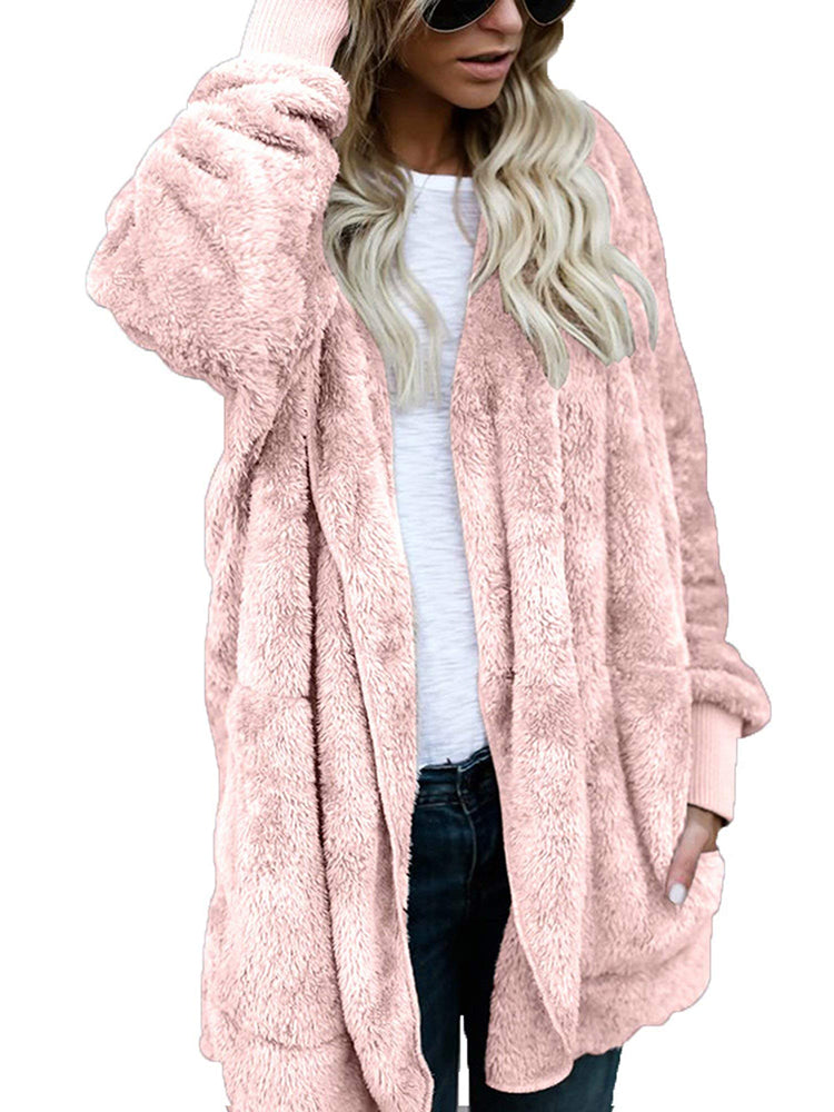 Hooded Cardigan Fluffy Fleece Coat Open Front Jacket