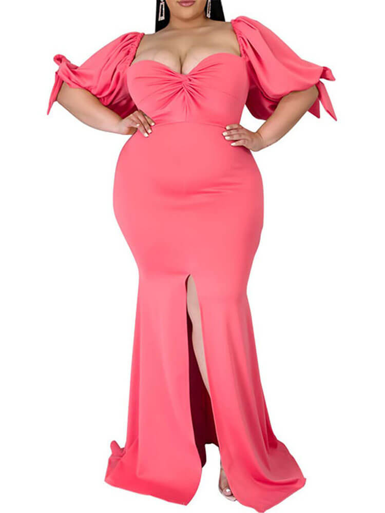 Plus Size Puff Sleeve Split Maxi Dresses