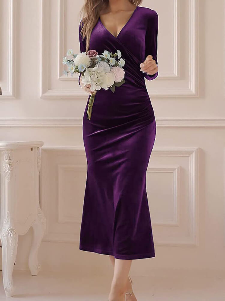 Velvet Long Sleeve V neck Fishtail Midi Dresses