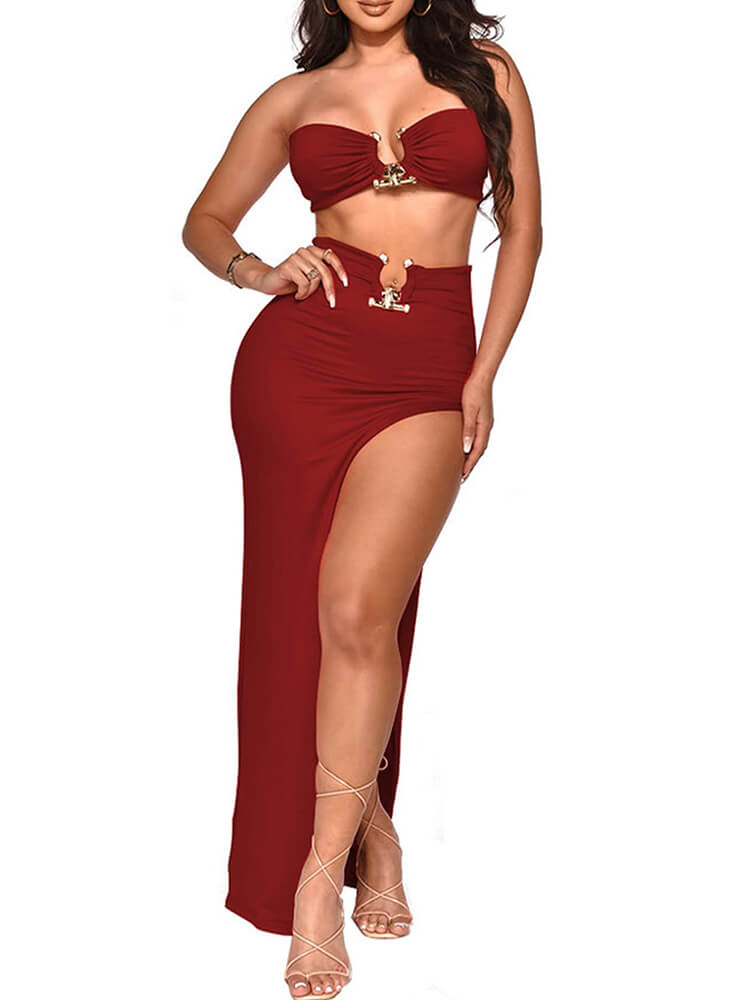 Two Piece Crop Top High Slit Midi Skirt Set