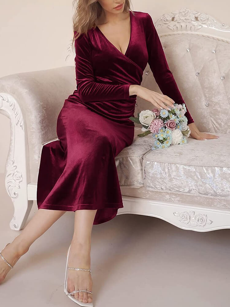 Velvet Long Sleeve V neck Fishtail Midi Dresses