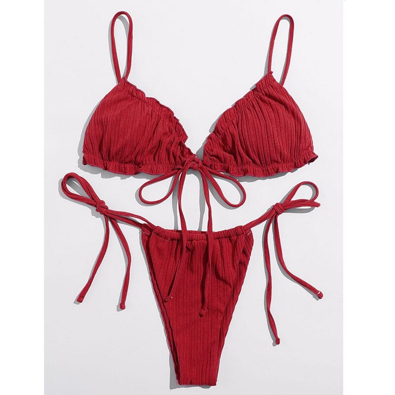 Brazilian Ruffle Ruched Solid Bikini