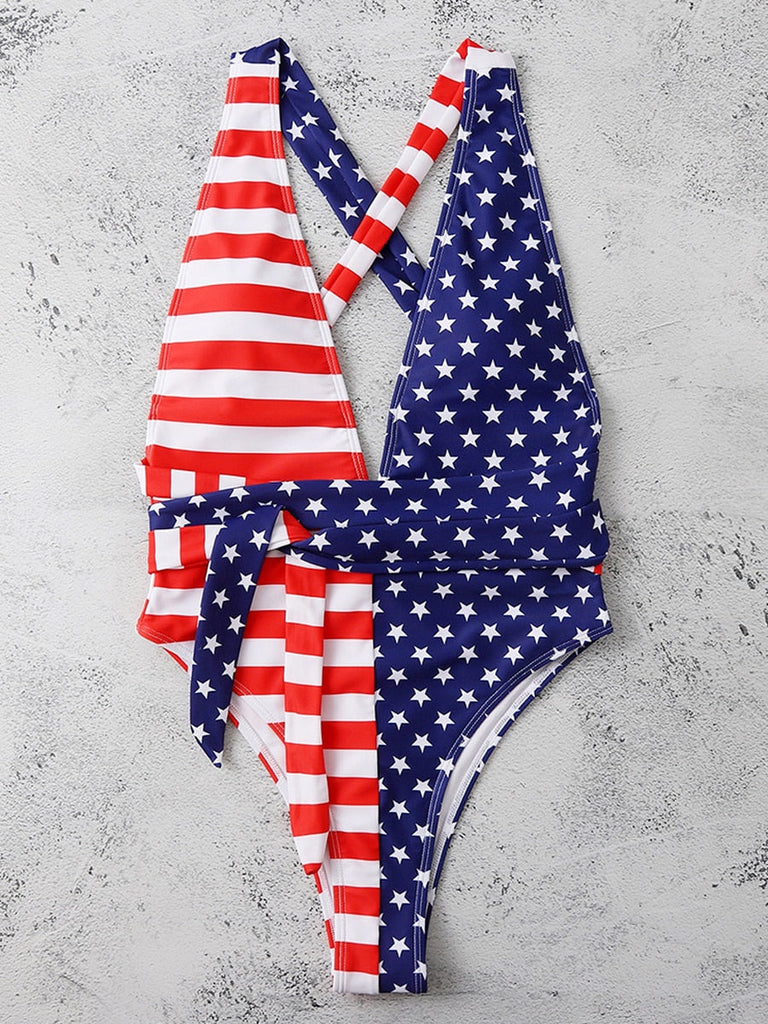 Stars and Stripes Deep V Neck One Piece Swimsuit