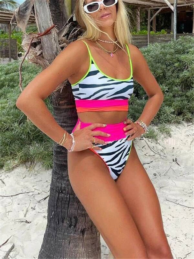 Pink Zebra Striped High Waist Bikini