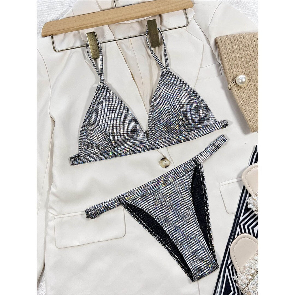 Sensual Silver Sequined High Leg Triangle Bikini