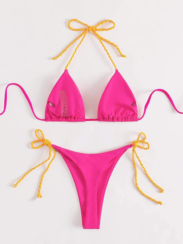 Neon Pink Halter Thong String Tie Side Triangle Bikini