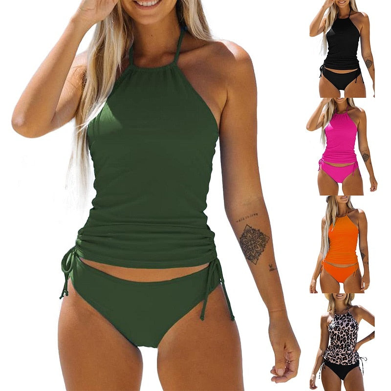 Two Piece Drawstring Ruched Side Halter Neck Tankini Set