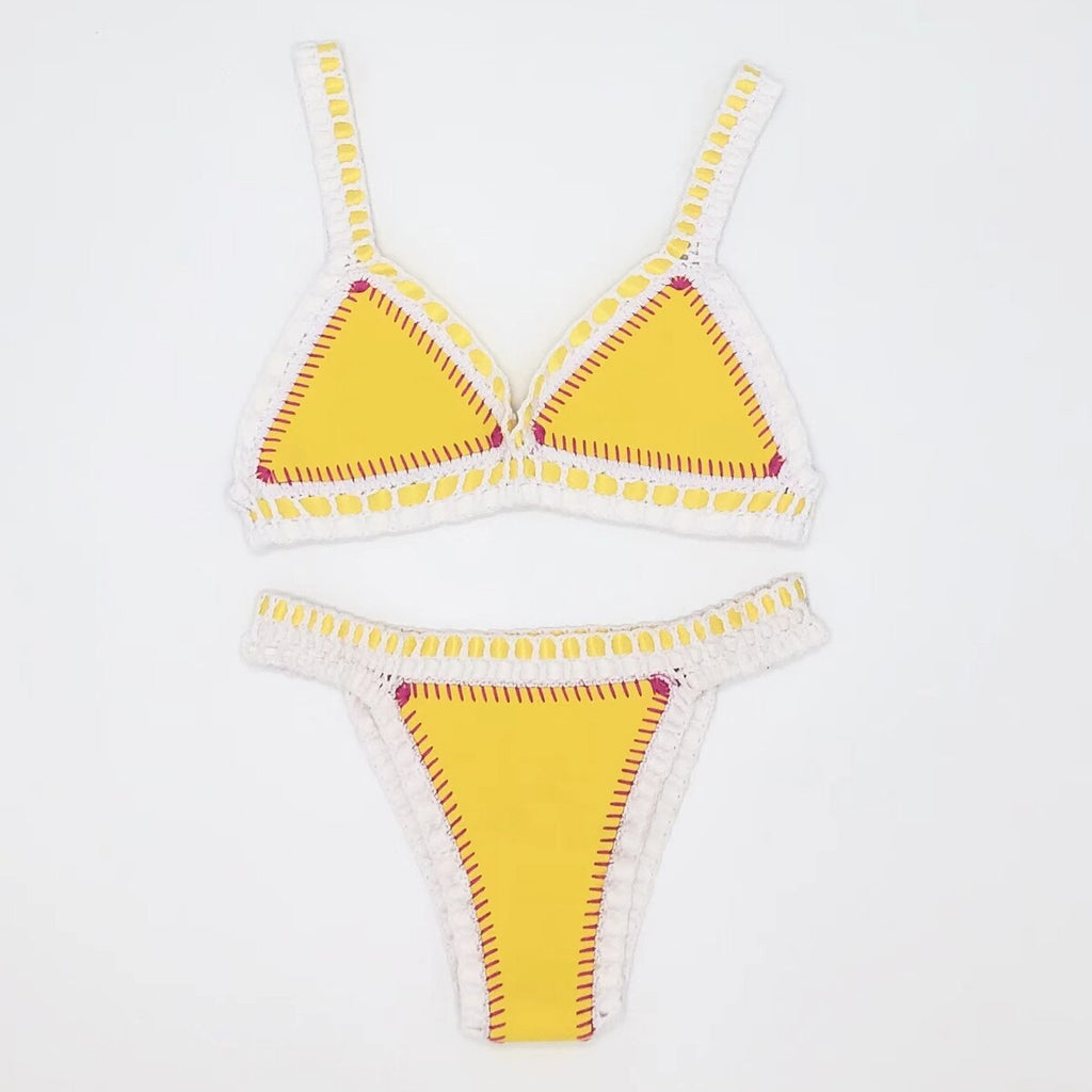 Blue Yellow Neoprene Crochet Swimwear Bikini Set