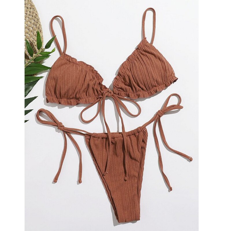 Brazilian Ruffle Ruched Solid Bikini