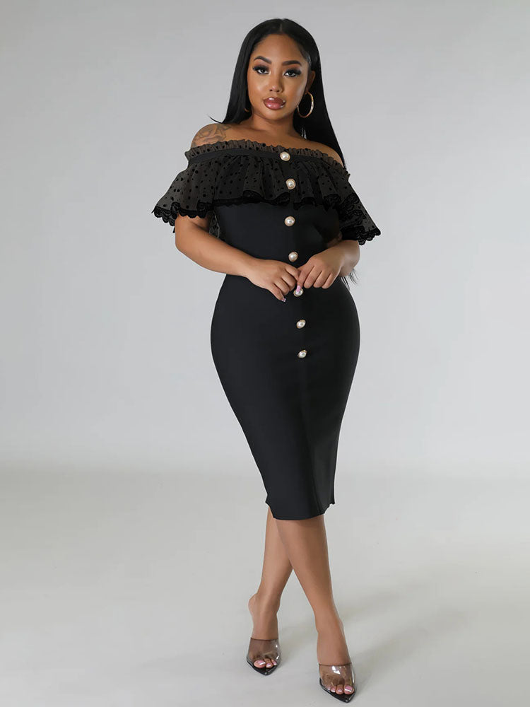 Off Shoulder Mesh Ruffle Split Midi Dress