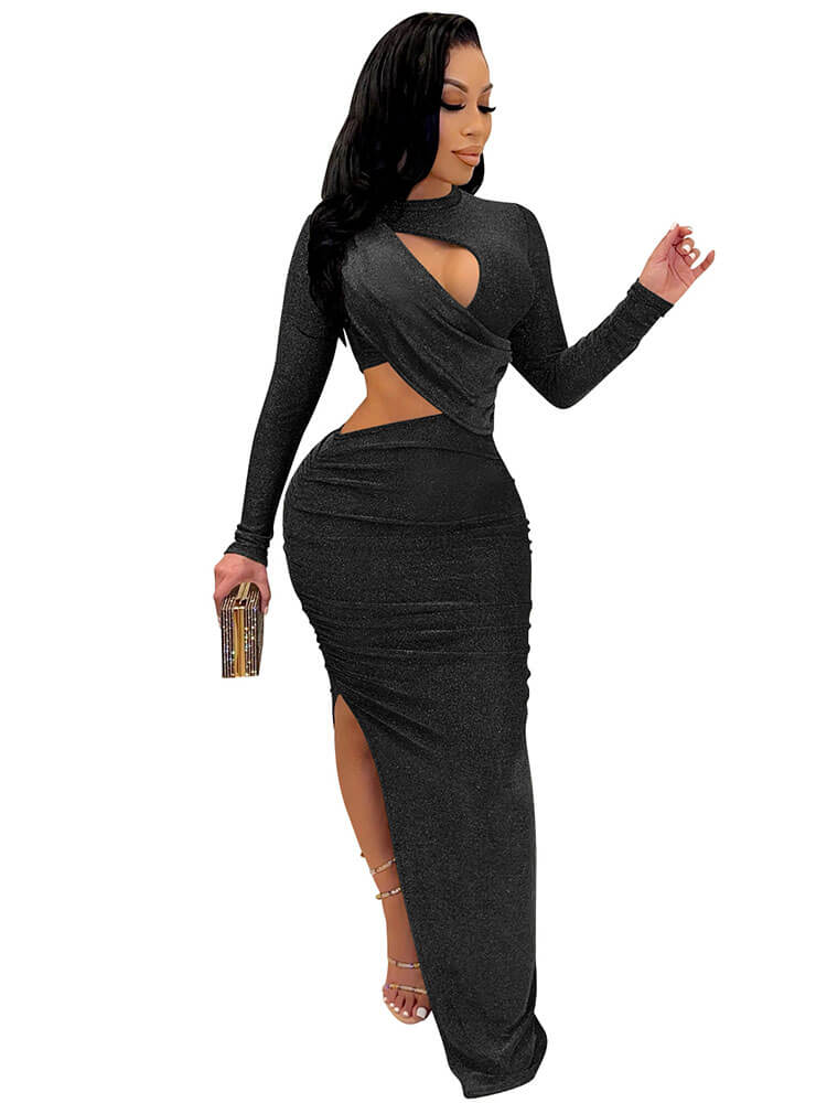 Deep V Neck Bodycon Side Split Glitter Maxi Dresses