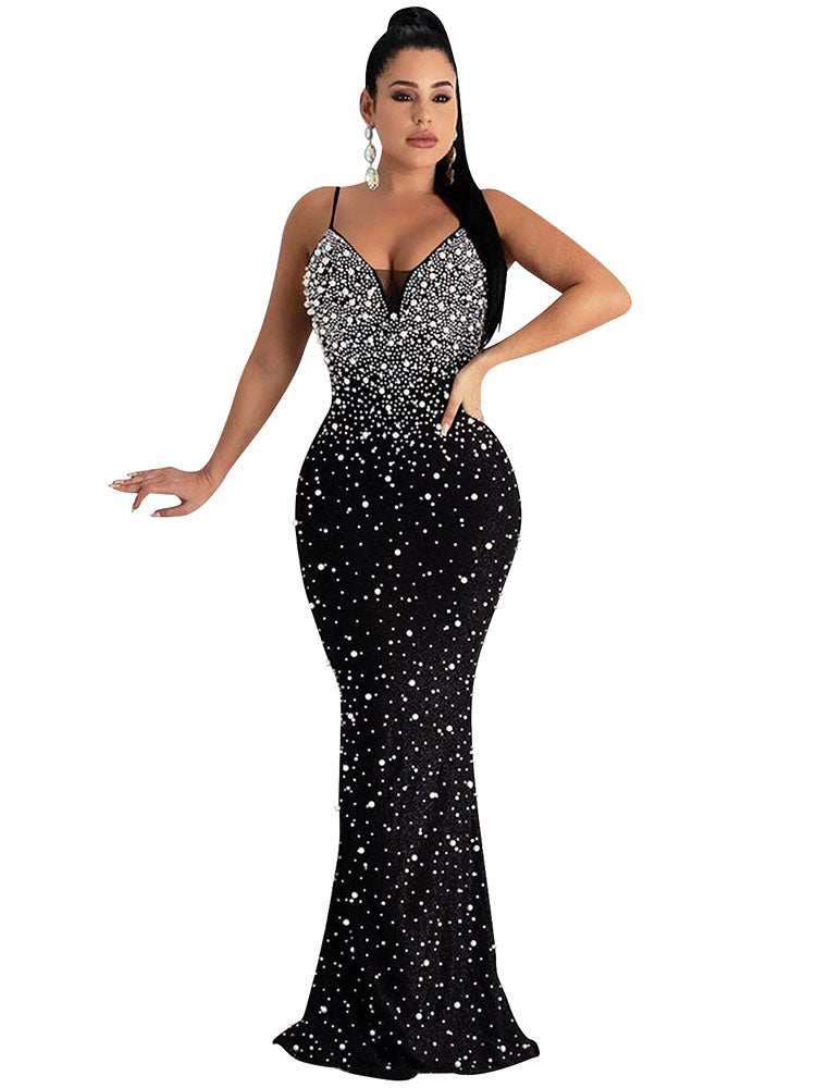 Off Shoulder Backless Sequin Spaghetti Strap Bodycon Maxi Dresses