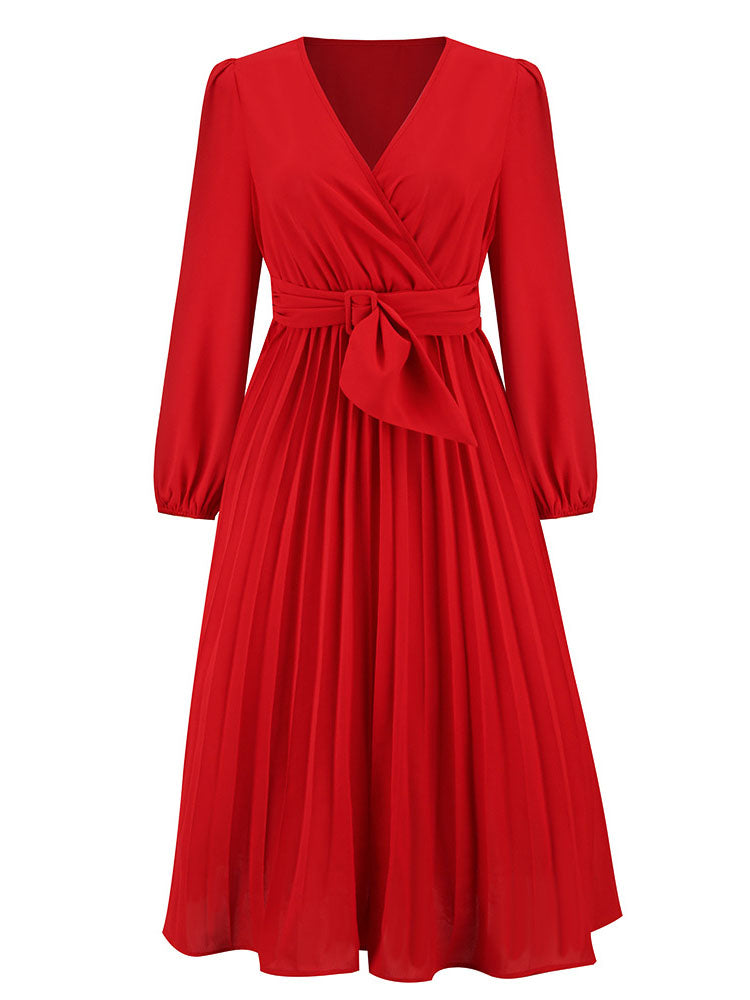 Long Sleeve Pleated Belted Midi Dresses