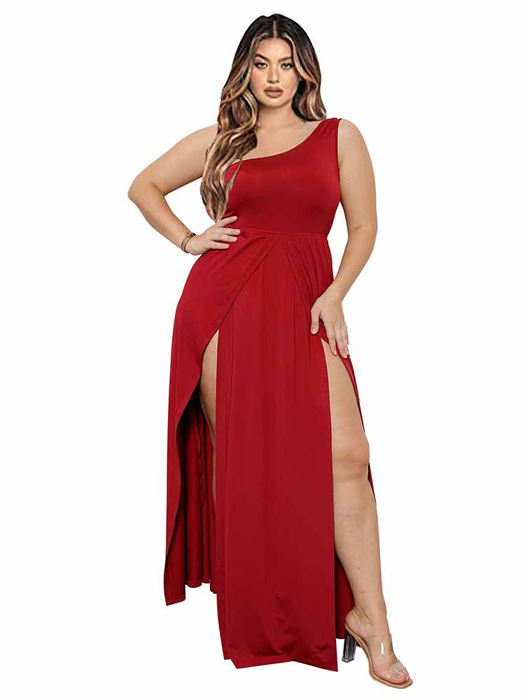 One Shoulder Split Solid Maxi Dresses