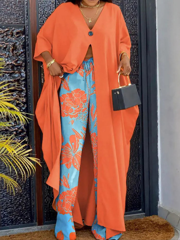 Plus Size Long Cape and Printed Pants Set