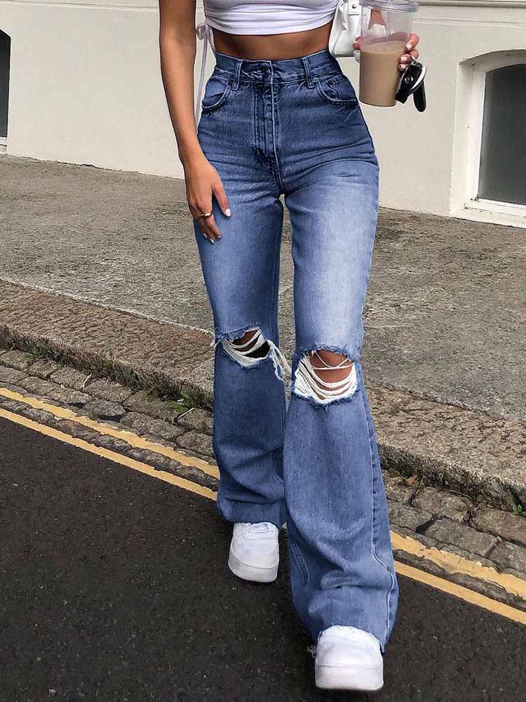 Destroyed Flare High Waist Denim Pants