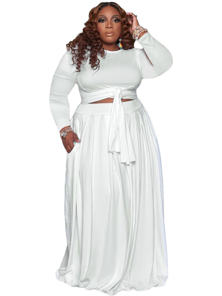 Two Piece Solid Crop Top Maxi Skirt Plus Size Set