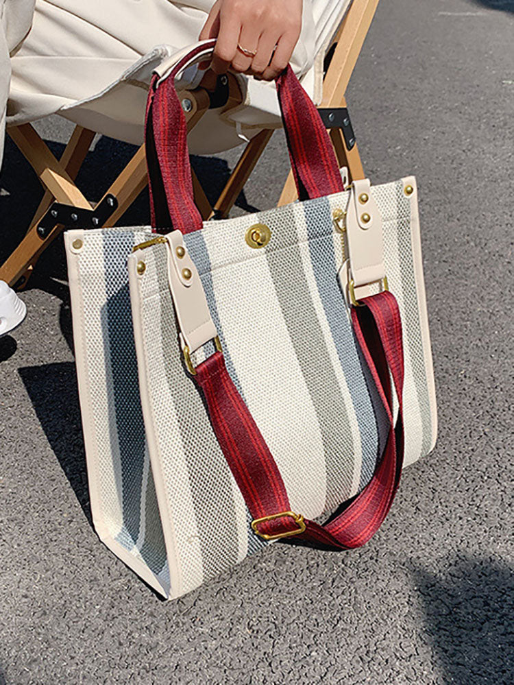 Striped Print Canvas Tote Shoulder Bags