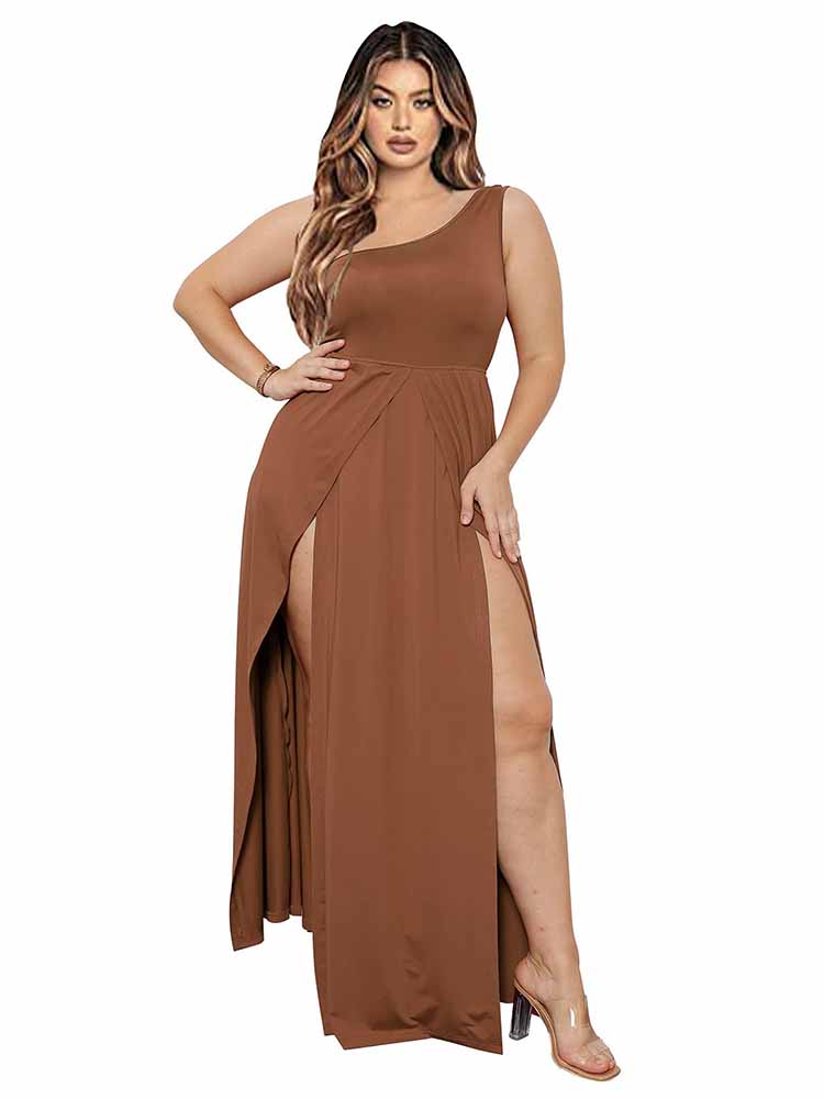 One Shoulder Split Solid Maxi Dresses