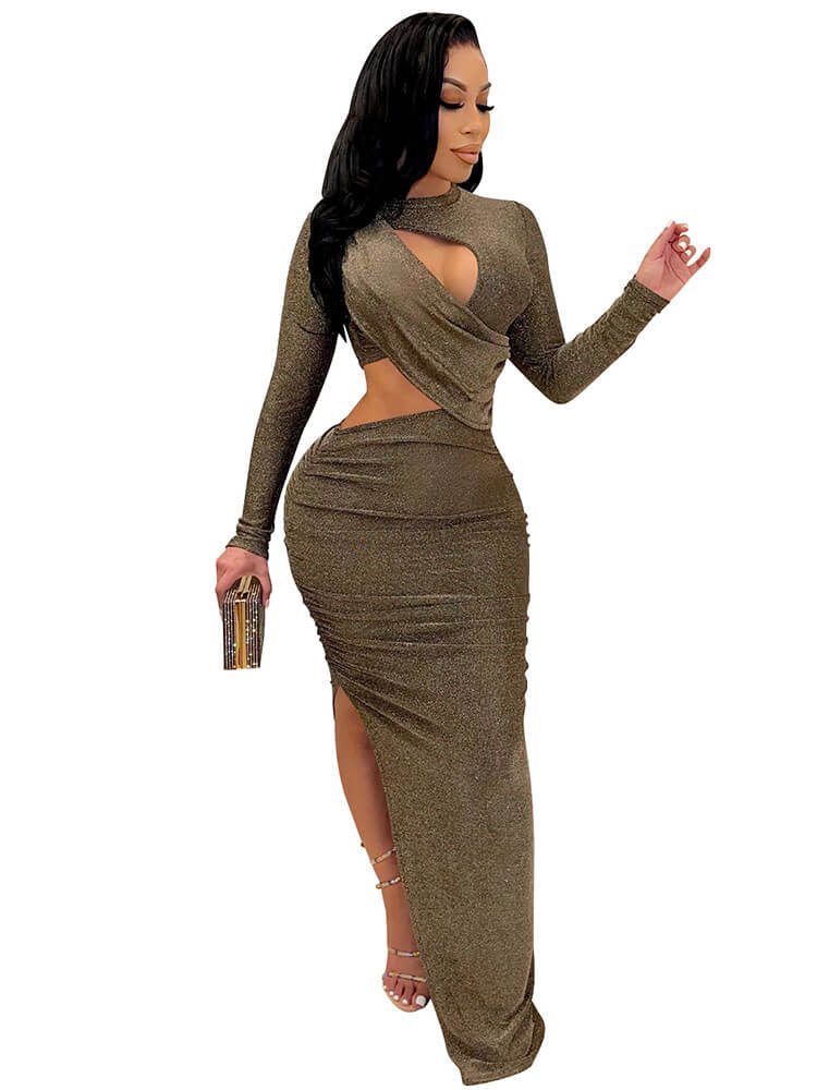 Deep V Neck Bodycon Side Split Glitter Maxi Dresses